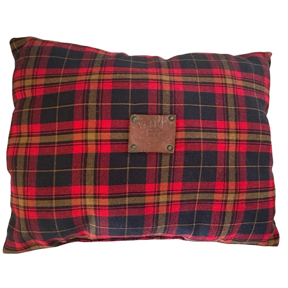 Will Leather Goods Tartan Plaid Throw Pillow 15x11 Leather Patch Red Huckberry